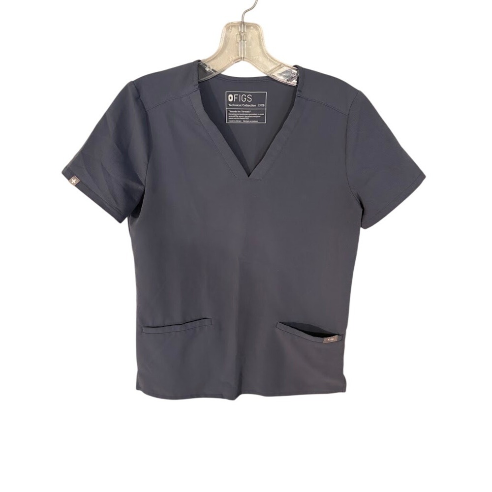 FIGS Technical Collection V-Neck Scrub Top Charcoal Grey Womens XXS Short Sleeve